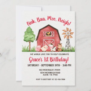 Farm Barnyard 1er anniversaire Invitation