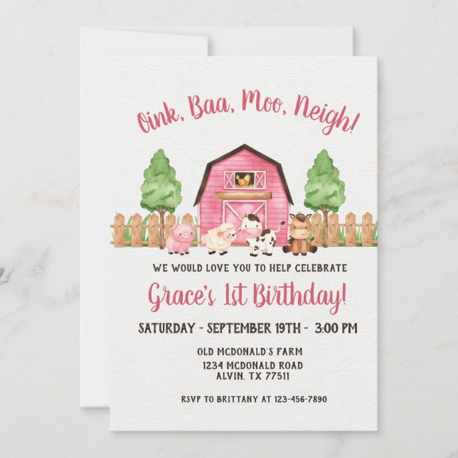 Farm Barnyard 1er anniversaire Invitation (Devant)