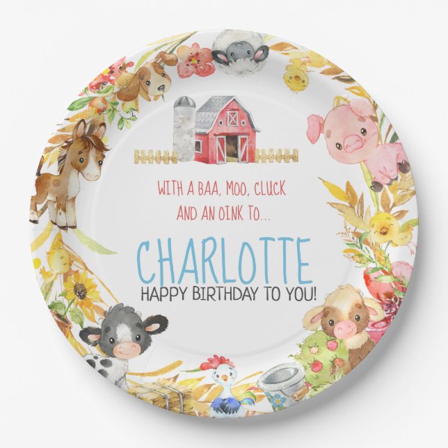 Farm Barnyard Animal Birthday Paper Plate (Front)