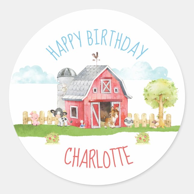 Farm Barnyard Animal Happy Birthday Classic Round Sticker (Front)