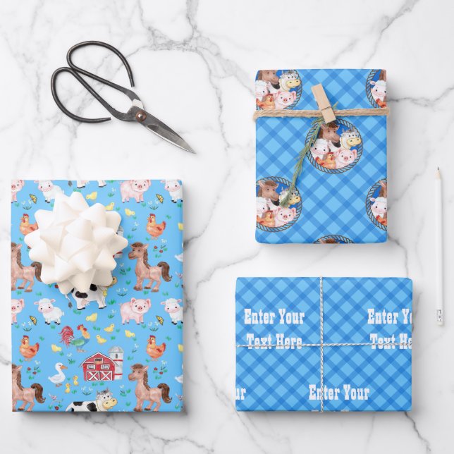 Farm barnyard animals gingham blue wrapping paper sheet (Front)