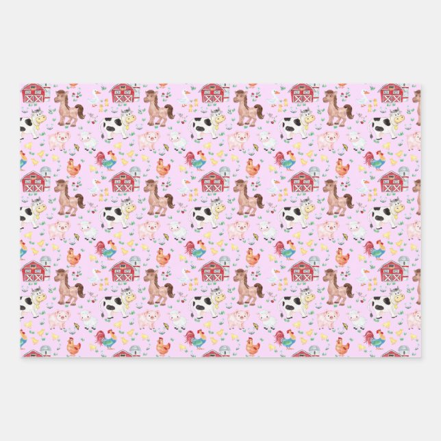 Farm barnyard animals gingham pink wrapping paper sheet (Front)
