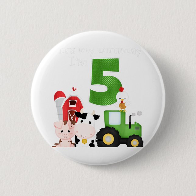 Farm Barnyard Animals Tractor 5th Birthday 5 Year 2 Inch Round Button (Front)