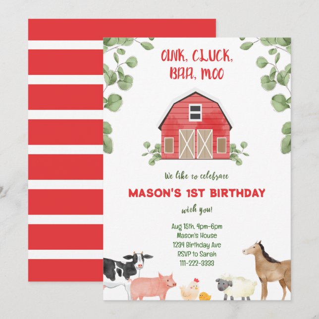 Farm Barnyard Anniversaire Fête Invitation (Devant / Derrière)