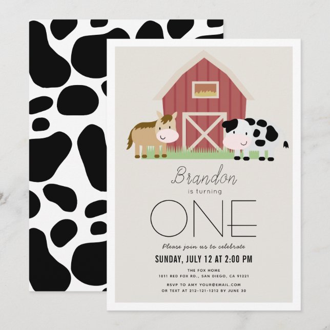 Farm Barnyard Beige 1er Anniversaire Invitation (Devant / Derrière)
