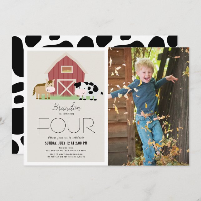 Farm Barnyard Beige Photo Birthday Invitation (Front/Back)