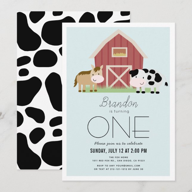 Farm Barnyard Blue Boy 1st Birthday Invitation (Front/Back)