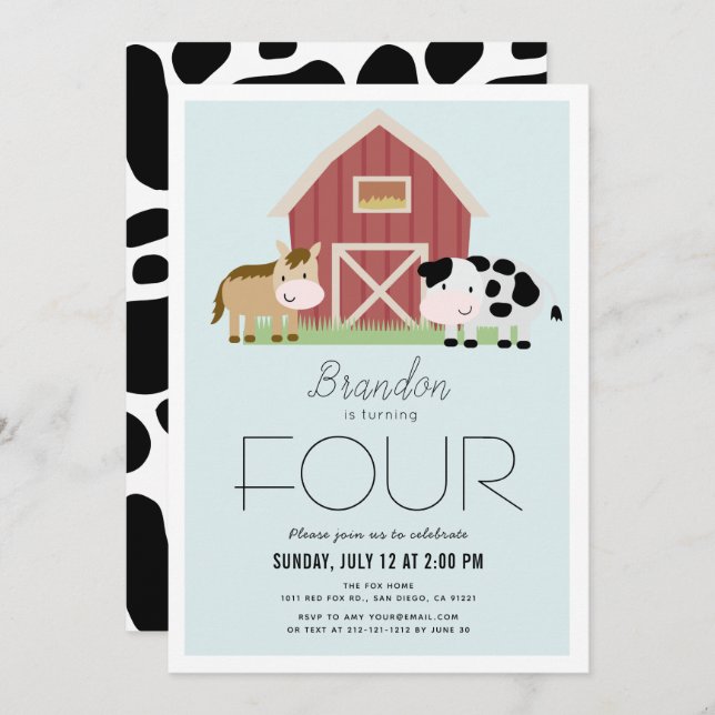 Farm Barnyard Blue Boy Birthday Invitation (Front/Back)