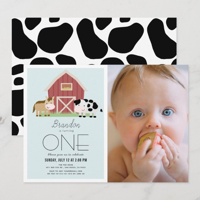 Farm Barnyard Blue Boy Photo 1st Birthday Invitation (Front/Back)