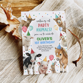 Farm Barnyard Party Animals Balloons Boy Birthday Invitation