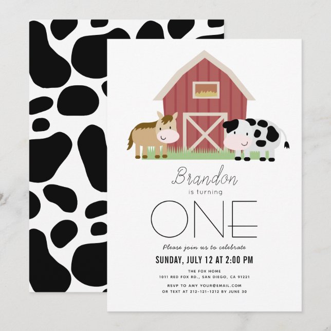 Farm Barnyard White Gender-neutral 1st Birthday Invitation (Front/Back)