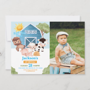Farm Birthday 1st Invite Blue Boys One Photo