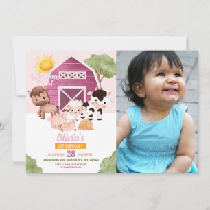 Farm Birthday 1st Invite Pink Girls One Photo