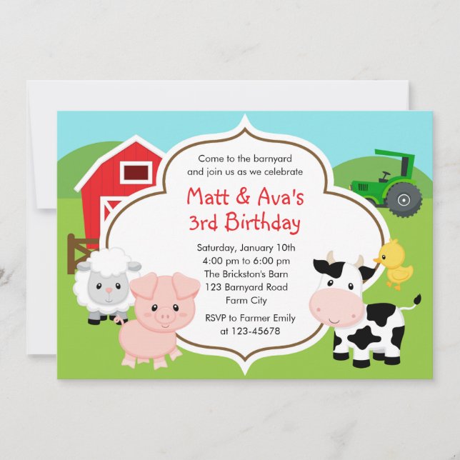 Farm Birthday Invitation - Boy Girl Twins Barnyard (Front)