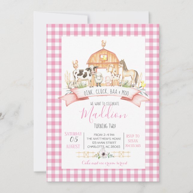farm birthday invitation, girl farm party invitation (Front)