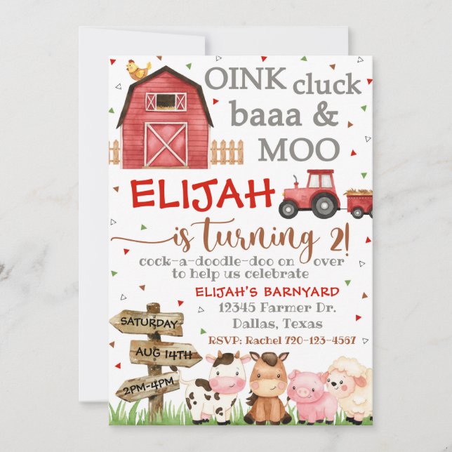 Farm Birthday Invitation, Oink Cluck Baa Moo Invitation (Front)