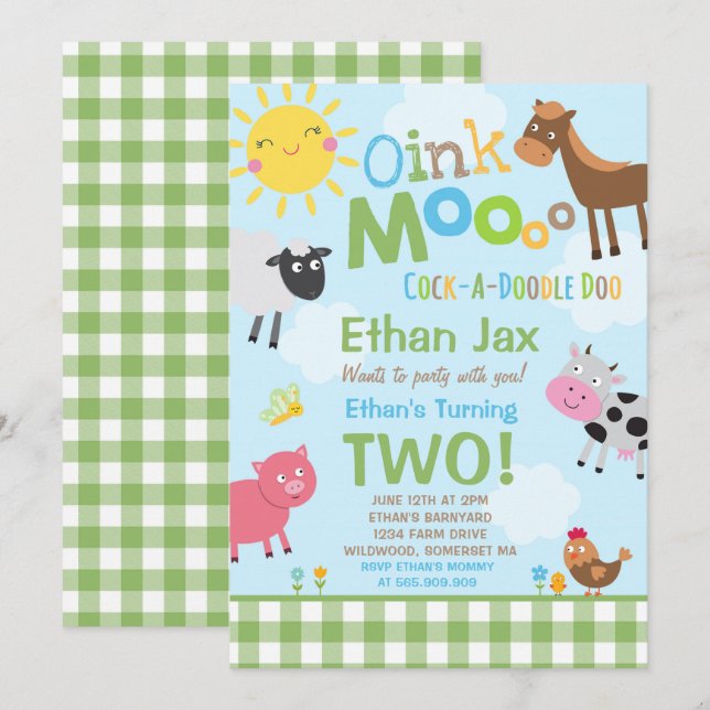 Farm Birthday Invitation Old MacDonald Farm Party (Front/Back)