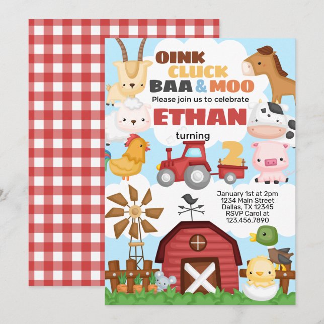 Farm Birthday Party Invitation Invite (Front/Back)