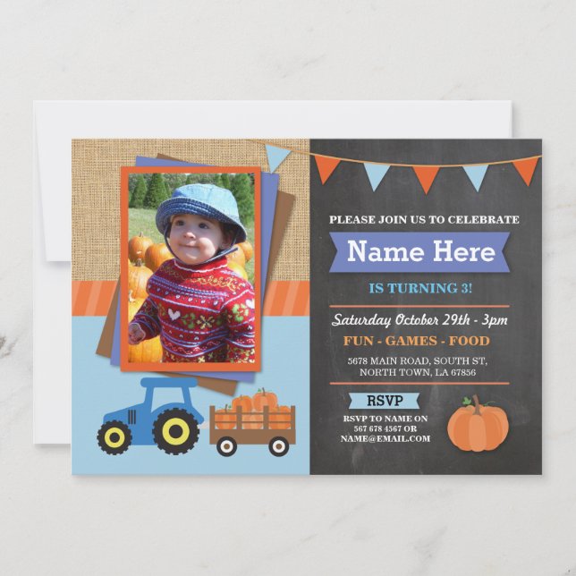 Farm Birthday Party Pumpkin Tractor Photo Invite (Front)