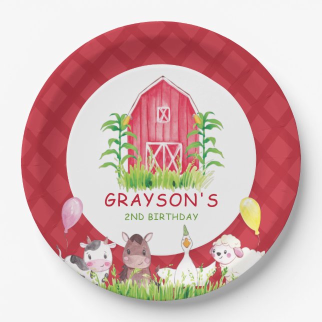 Farm Birthday Personalized Plaid Paper Plate (Front)