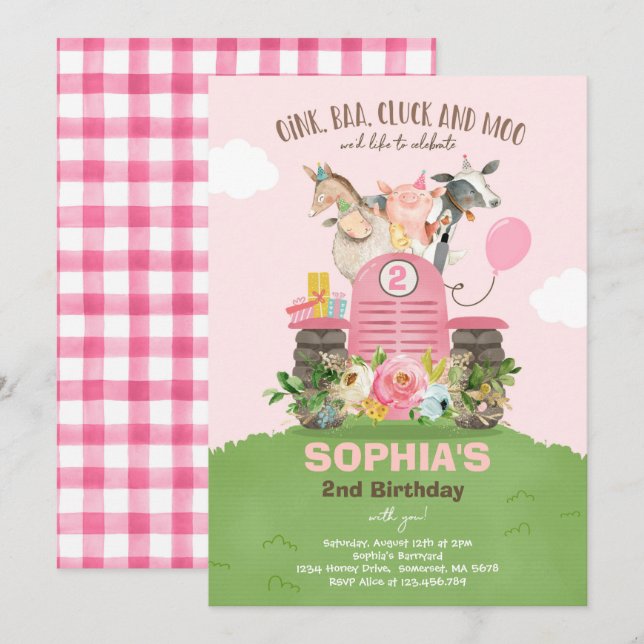 Farm Birthday Pink Old MacDonald Barnyard Party Invitation (Front/Back)
