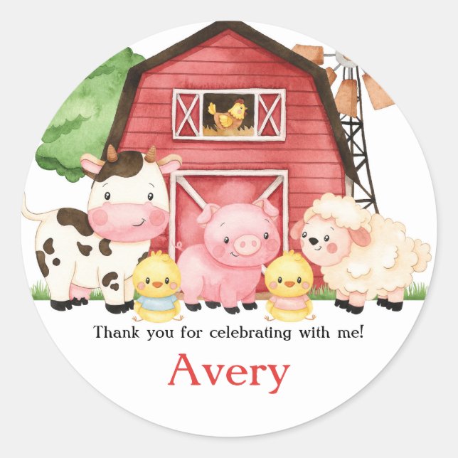 Farm Birthday Thank You Sticker, Favour Sticker (Front)