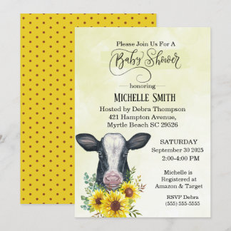 Farm Black Cow Yellow Sunflower Baby Shower   Invitation