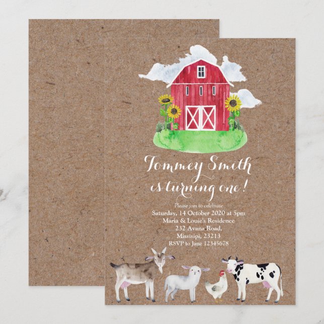 Farm Boy 1st Birthday Invitation (Front/Back)