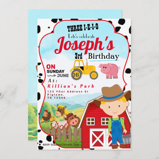 FARM BOY 3rd BIRTHDAY INVITATION THREE-I-I-I-O (Front/Back)