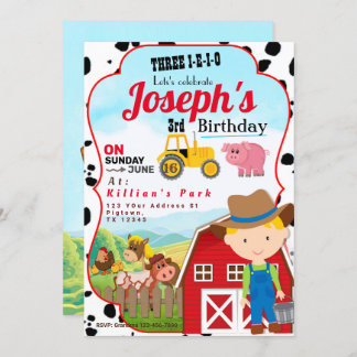FARM BOY 3rd BIRTHDAY INVITATION THREE-I-I-I-O