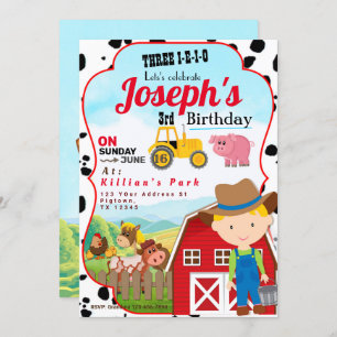 FARM BOY 3rd BIRTHDAY INVITATION THREE-I-I-O