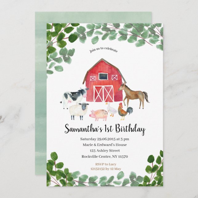 Farm Boy Birthday Invitation Greenery (Front/Back)