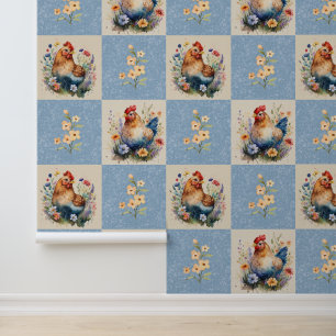 Farm Chicken Floral Farmhouse Blue Squares Wallpaper