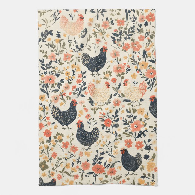 Farm Chickens, Hens \ Flowers Cottage  Kitchen Towel (Vertical)