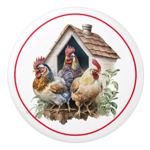 Farm Chickens Red Barn Country Ceramic Knob