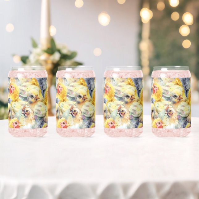 Farm Chickens. Watercolor Chicken Can Glass (Insitu (Wedding))