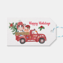 Farm Christmas Red vintage truck, cute animas