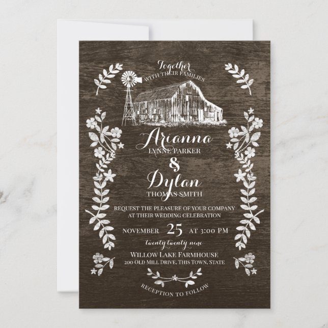 Farm Country Folk Art Floral Branch Barn Wood Invitation (Front)
