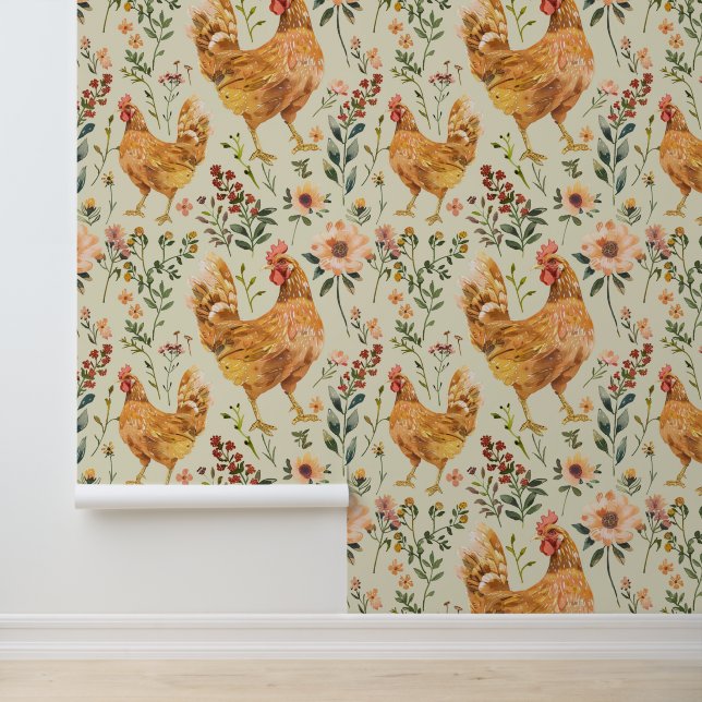 Farm Country Large Hen Floral Wallpaper (Application)