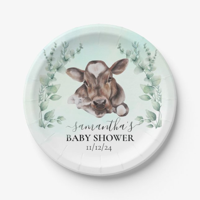 Farm Cow Calf Baby Shower Eucalyptus   Paper Plate (Front)