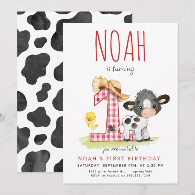 Farm Cow First Birthday Invitation (Front/Back)