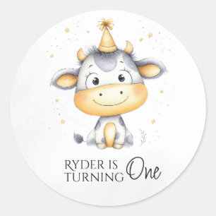 Farm Cow First Birthday Round Favor Stickers