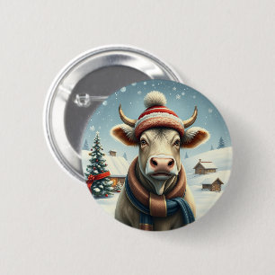 Farm Cow in Preppy Winter Attire and Hat Winter 2 Inch Round Button