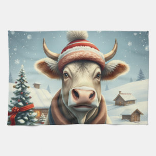 Farm Cow in Preppy Winter Attire and Hat Winter Kitchen Towel