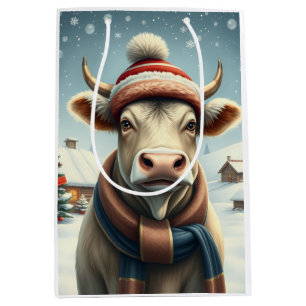 Farm Cow in Preppy Winter Attire and Hat Winter Medium Gift Bag