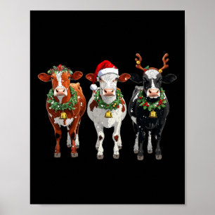 Farm Cow Reindeer Santa Hat Christmas Lights Funny Poster