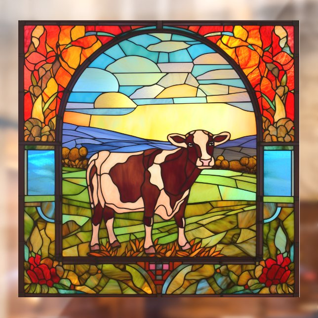 Farm Cow Standing In Pasture Faux Stained Glass Window Cling (Sheet 2)
