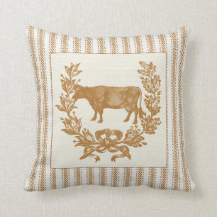 Farm Cow with Wreath on Brown Ticking Throw Pillow