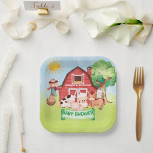 Farm Cute Animals Greenery Baby Shower Paper Plate