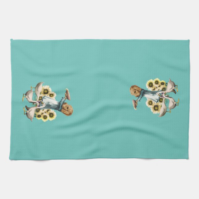 Farm Dog Feeding the Ducks Kitchen Towel (Horizontal)
